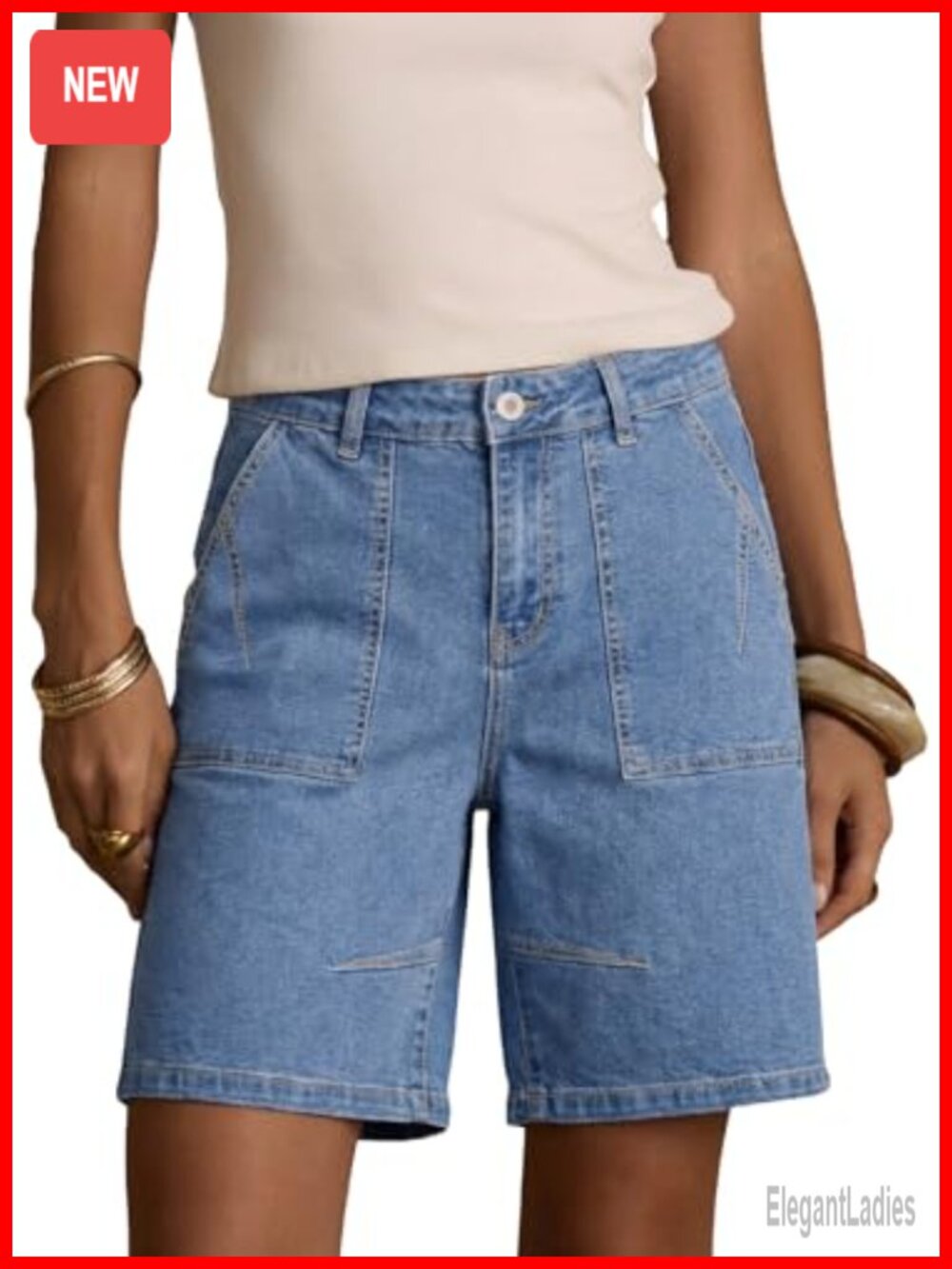 High Waisted Pleated Bermuda Jean Shorts Stretchy Denim Summer